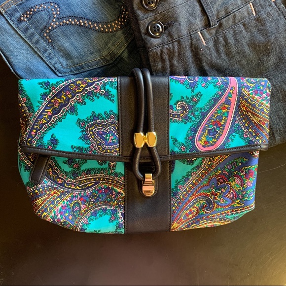 SMASHING PAISLEY TALBOTS SATIN CLUTCH W/LTHR TRIM